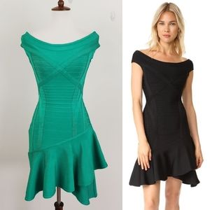 Herve Leger Nicole Scoop Neck Ruffle Hem Bandage Mini Dress